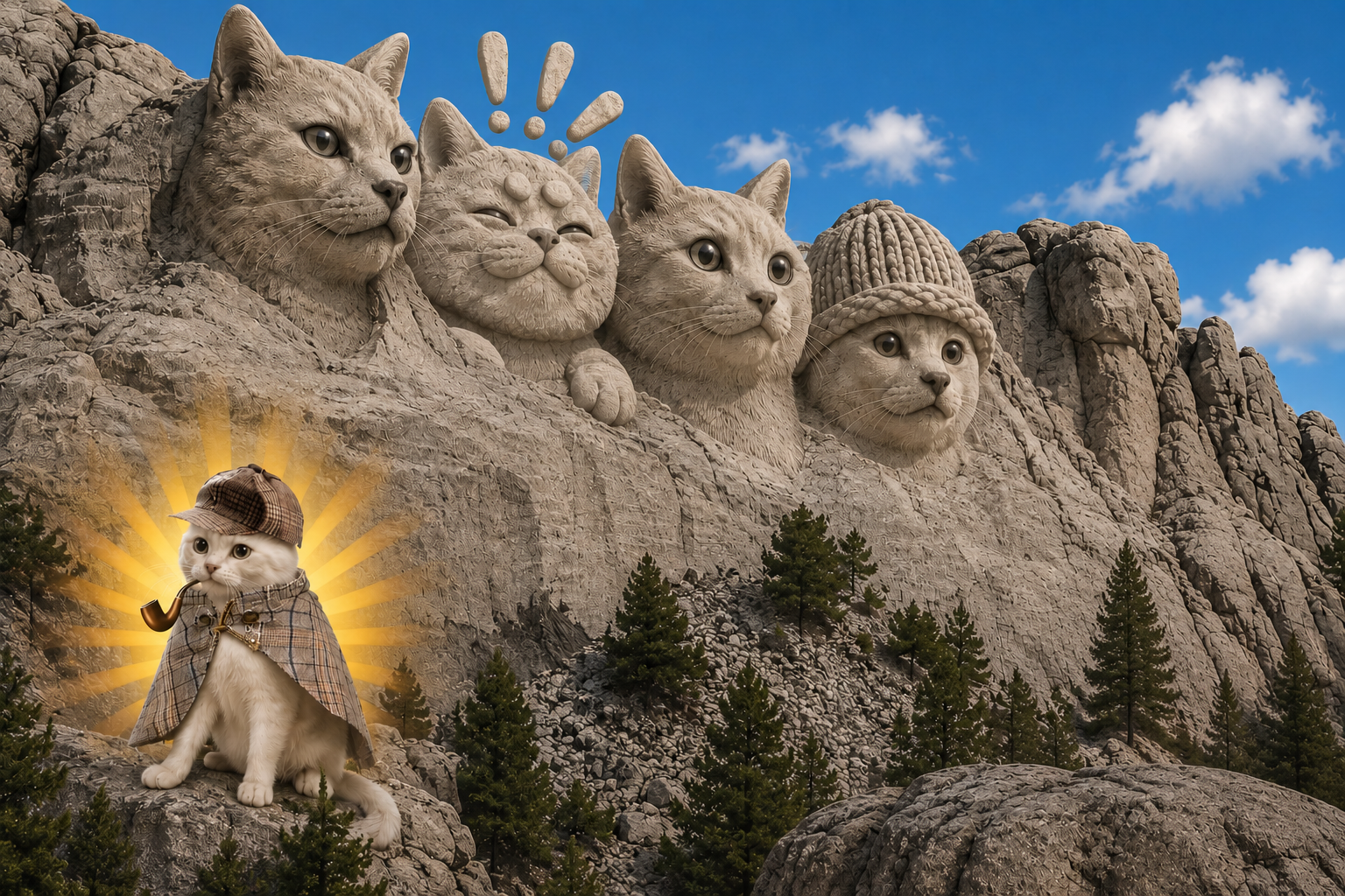 A Mount Rushmore of cats with a confused pipecat in front